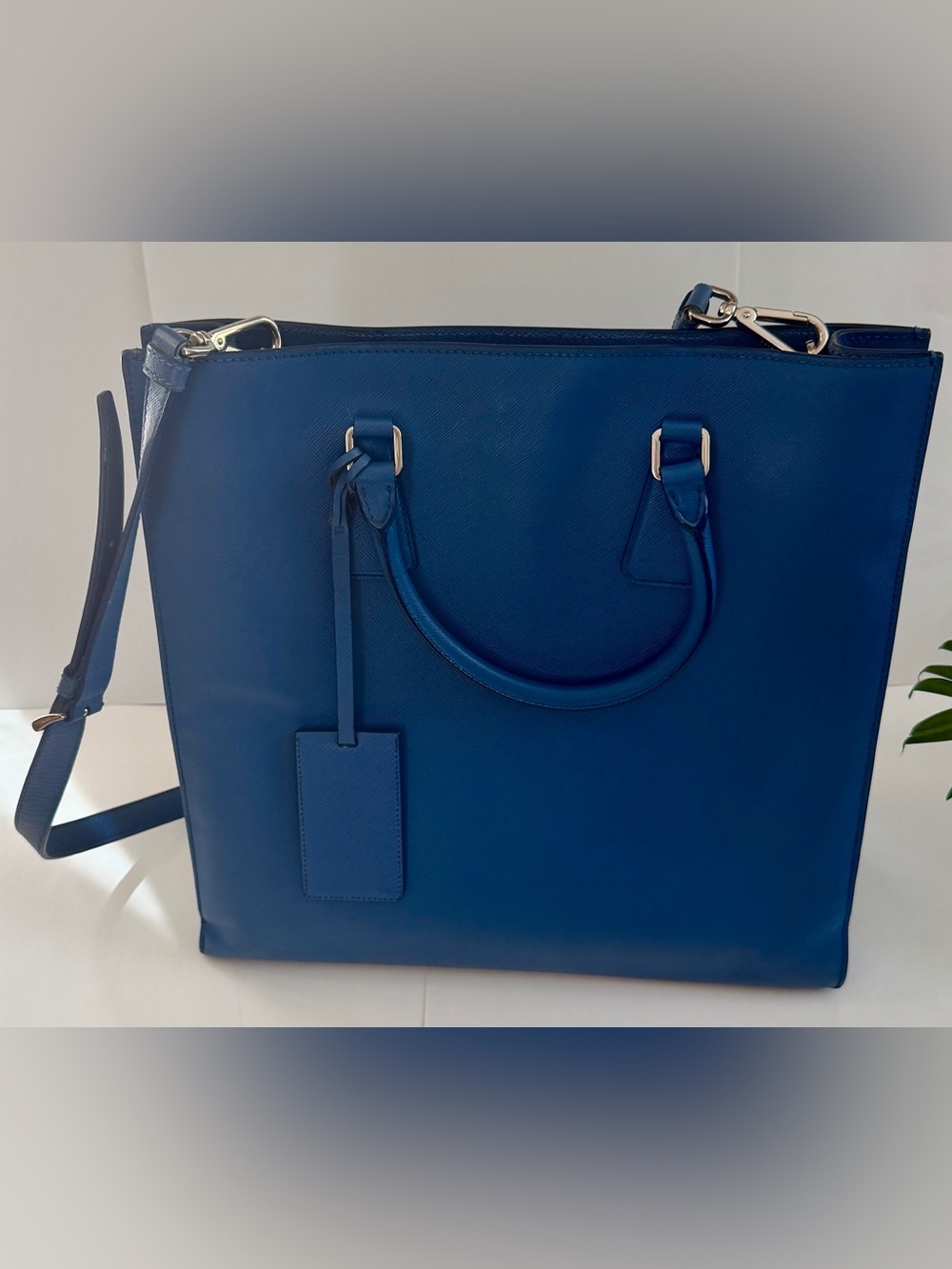 Prada Blue Leather Saffiano Structured Shoulder Tote